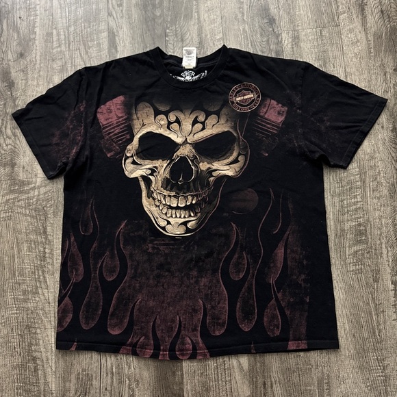 Harley Davidson Motorcycles Biker Skull Flames T Shirt Grunge Daytona Beach FL